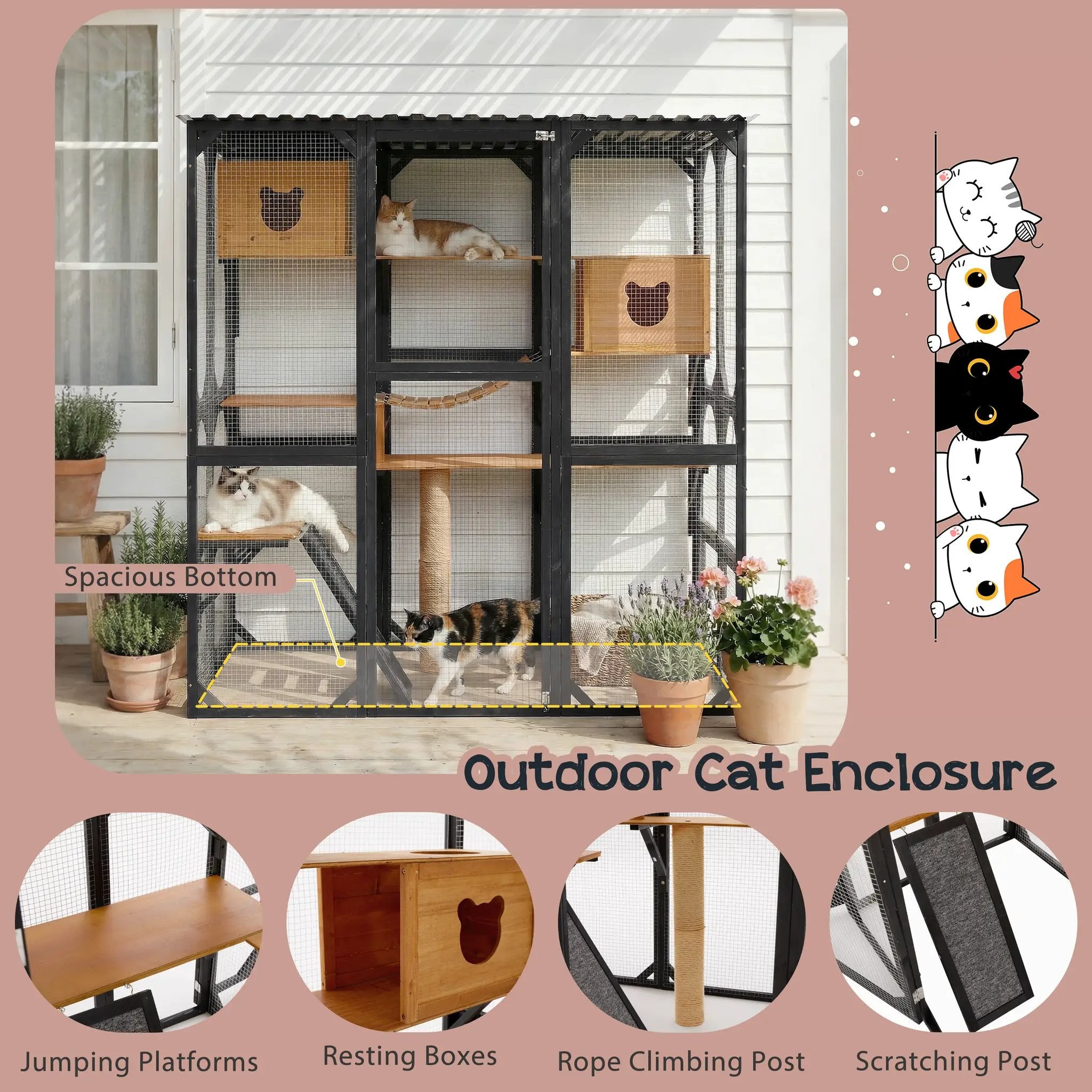 Outdoor cat enclosure with black and brown wood and metal frame, sleeping houses, platforms, scratching posts, and doors.