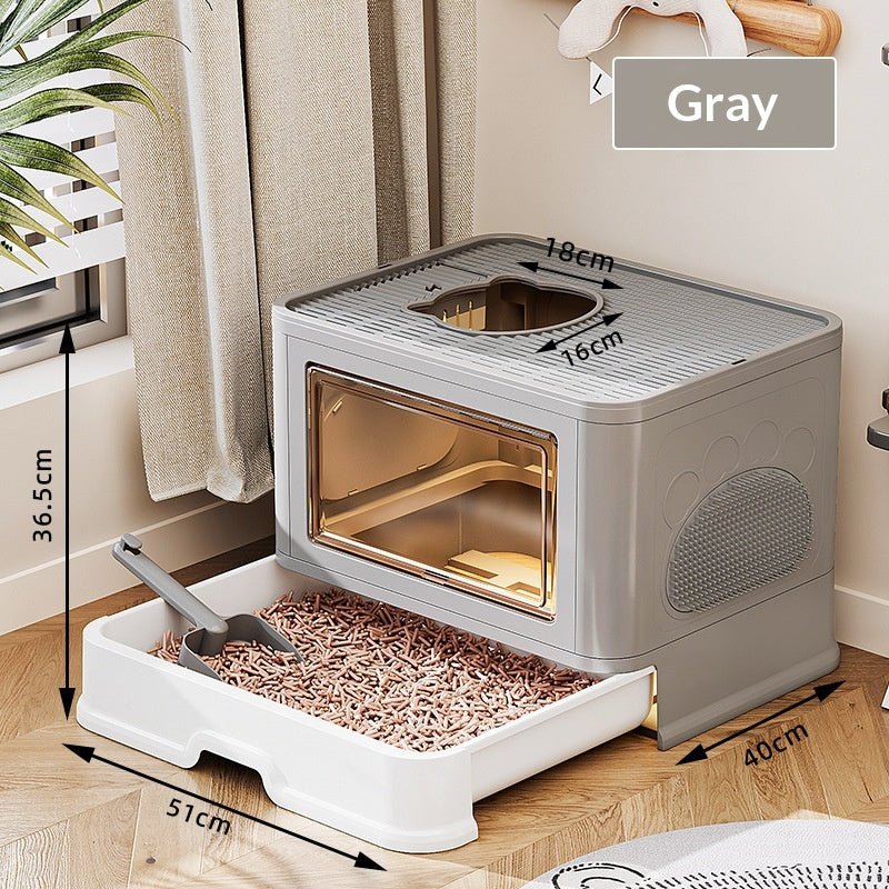 Gray drawer litter box with exterior and top-opening dimensions