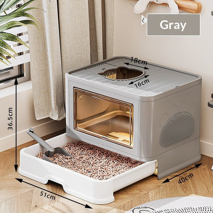 Gray drawer litter box with exterior and top-opening dimensions