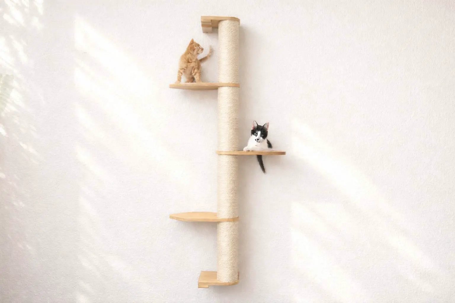 Wall-mounted cat scratcher pole with a sisal-wrapped post and three wooden platforms; two cats perched.