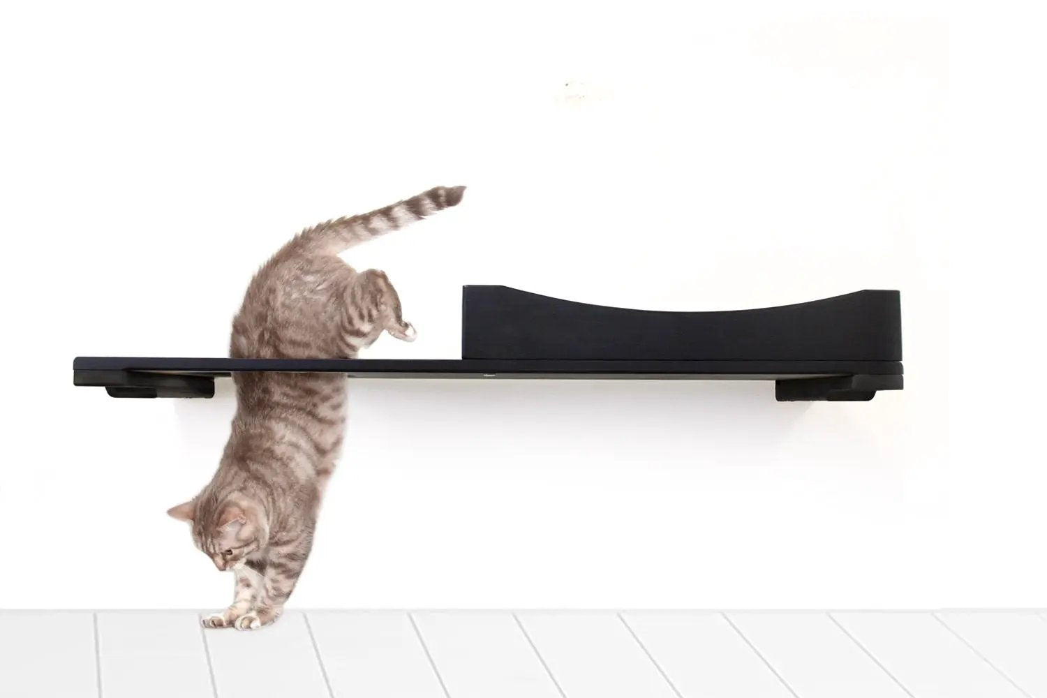 The Cat Nest Bed by Catastrophic Creations; black cat shelf/bed with curved back cushion