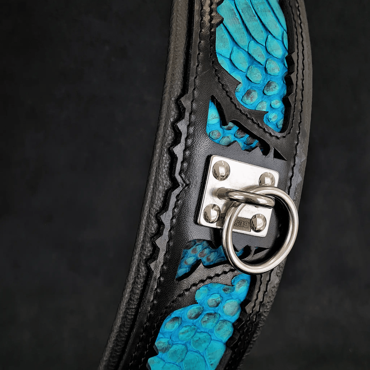 Bestia Morelia Python blue leather dog collar, close-up of the python inlay and D-ring
