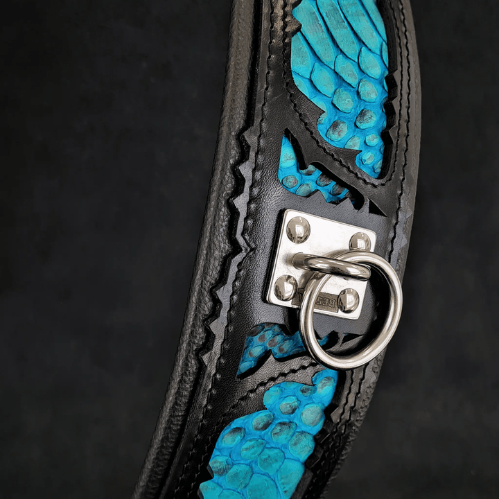 Bestia Morelia Python blue leather dog collar, close-up of the python inlay and D-ring
