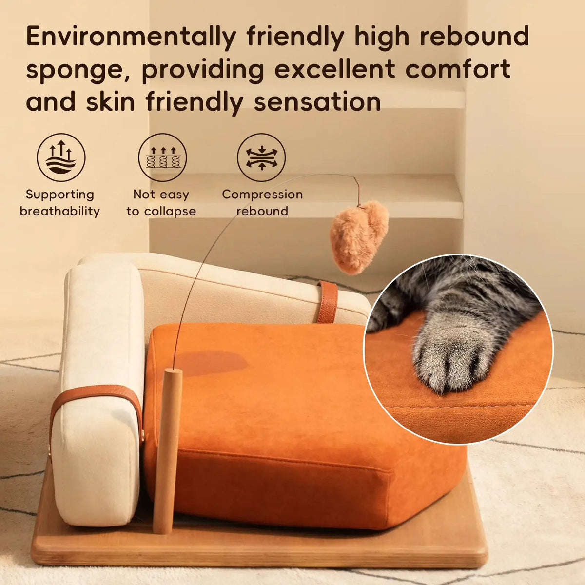 Wooden pet bed by Home Furnishers with orange cushion for cats and dogs