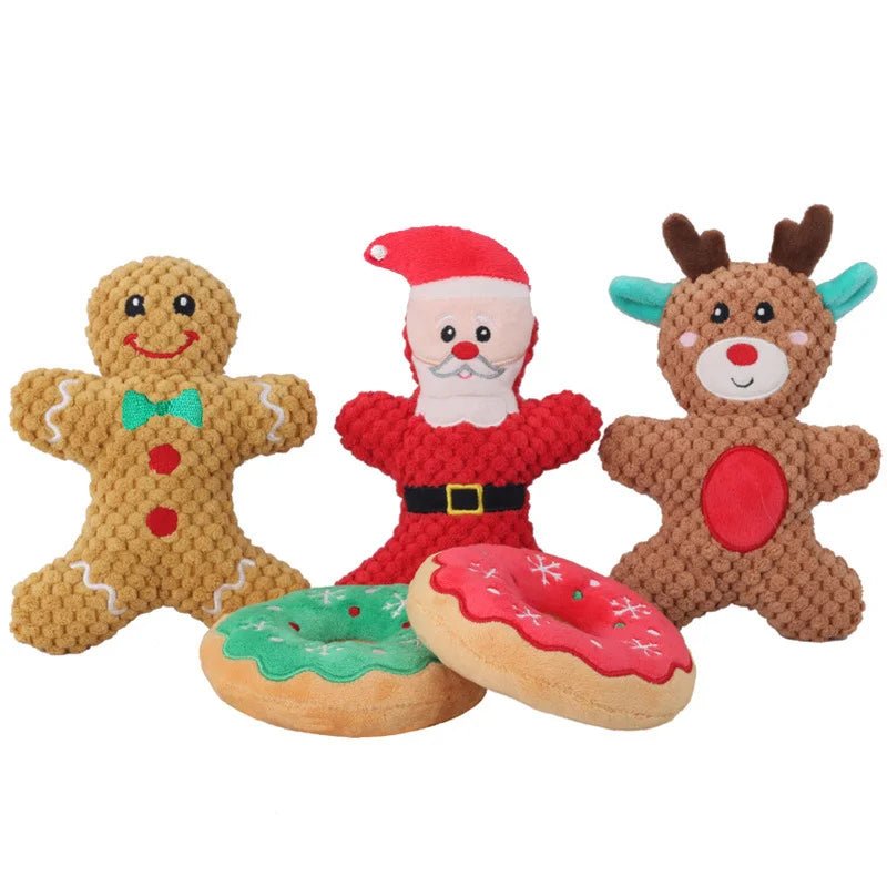 Christmas Plush Dog Toys – Santa, Reindeer, Gingerbread &amp; Donut