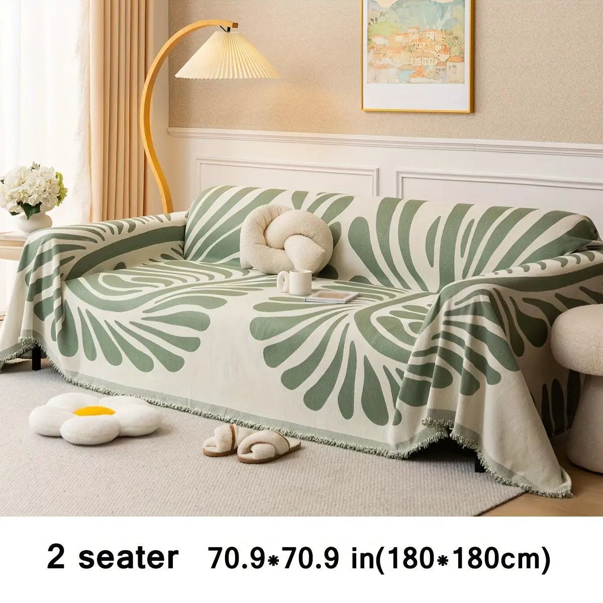 Versatile Chenille Sofa Cover for 2-seater in green leafy pattern