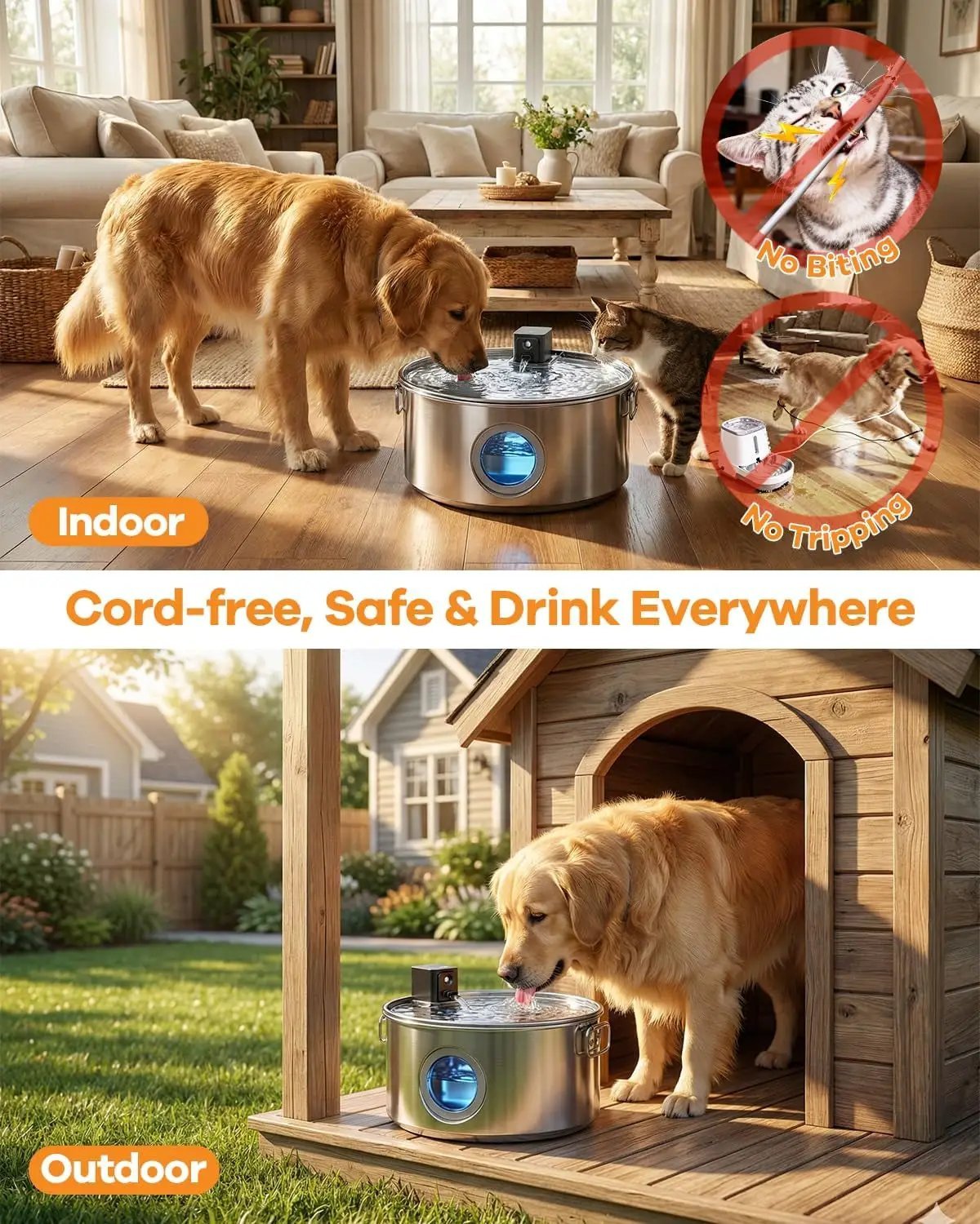 Wireless Dog Water Fountain Stainless Steel 3.4Gal Large Pet Fountain by Wags & Whiskers Pet Supply