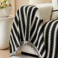 Load image into Gallery viewer, Chenille fabric sofa cover with black and white geometric pattern and fringe edges
