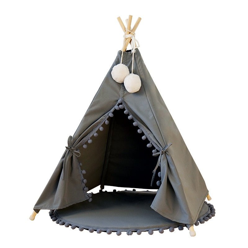 Gray pet tent with floor mat and pom-pom trim