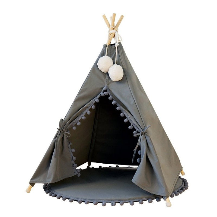 Gray pet tent with floor mat and pom-pom trim