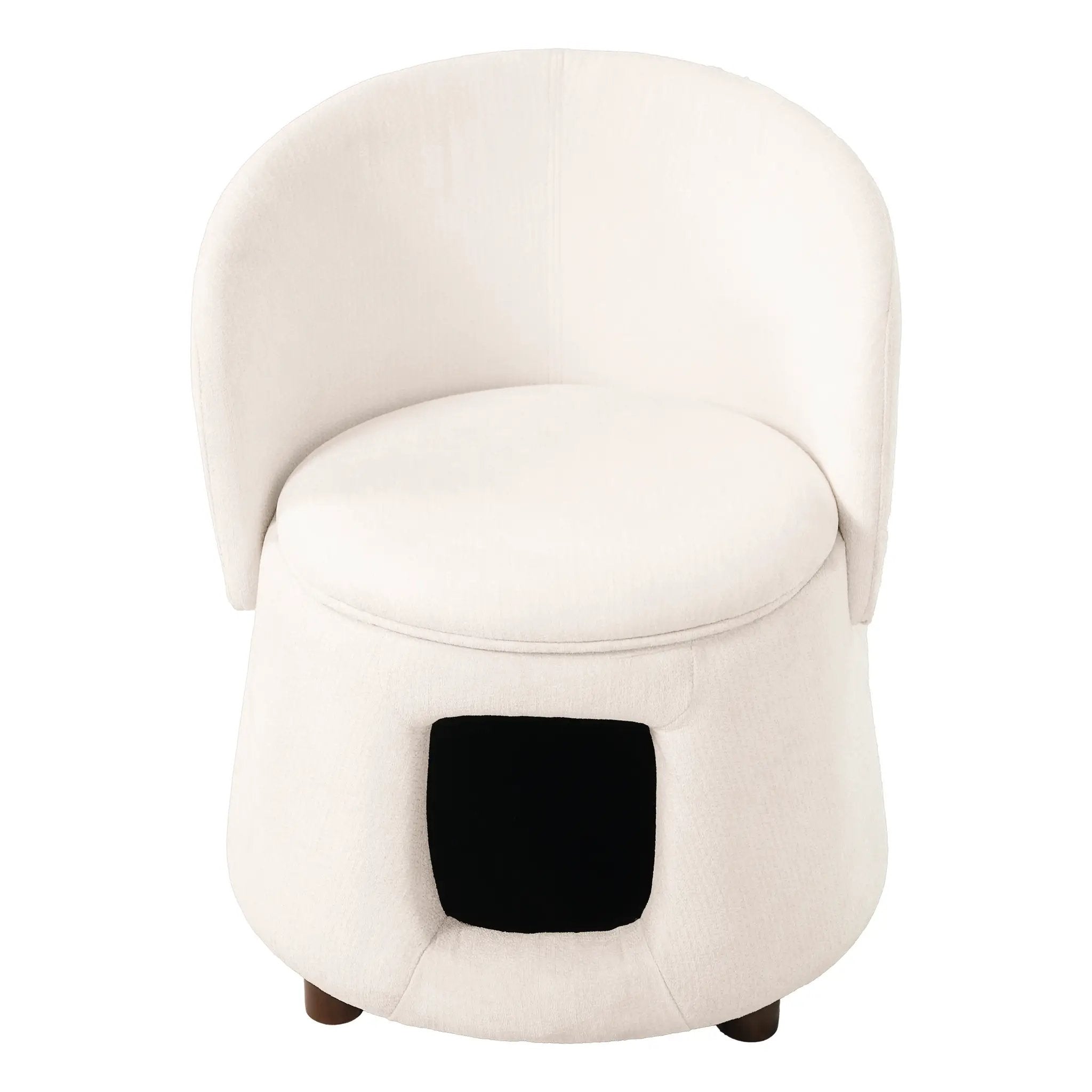 Beige fabric chair with hidden pet nook; a pet-friendly accent seating piece.