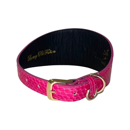 Fuchsia pink snake-skin collar with gold buckle and ring for pets