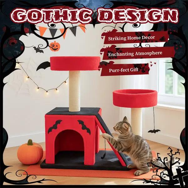 Pear Daisy Halloween Gothic Cat Tree; red cat climbing frame with spacious house and black base