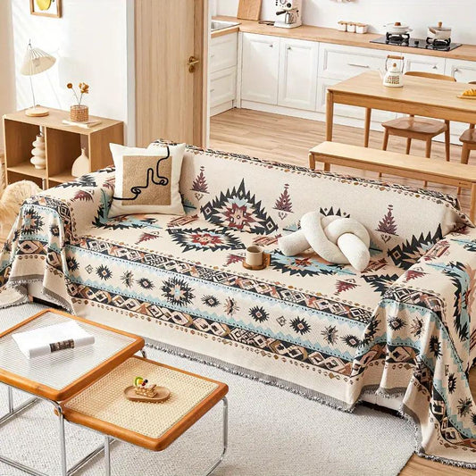 Extra Large Sofa Cover, stretchable furniture protector in beige and blue geometric print.