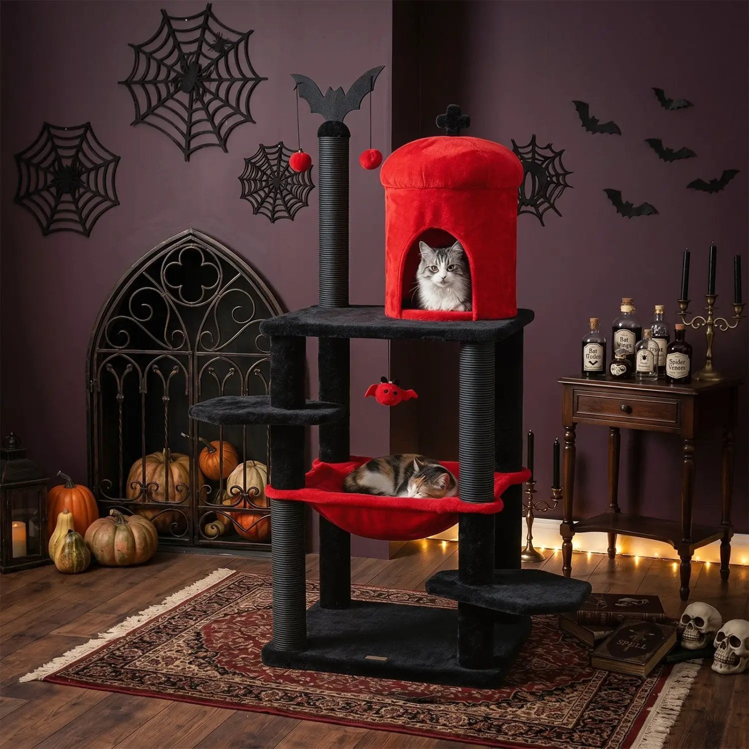 Cat tree DirectDeals, 51-inch Gothic multi-level with black posts, red hammock and spider toy