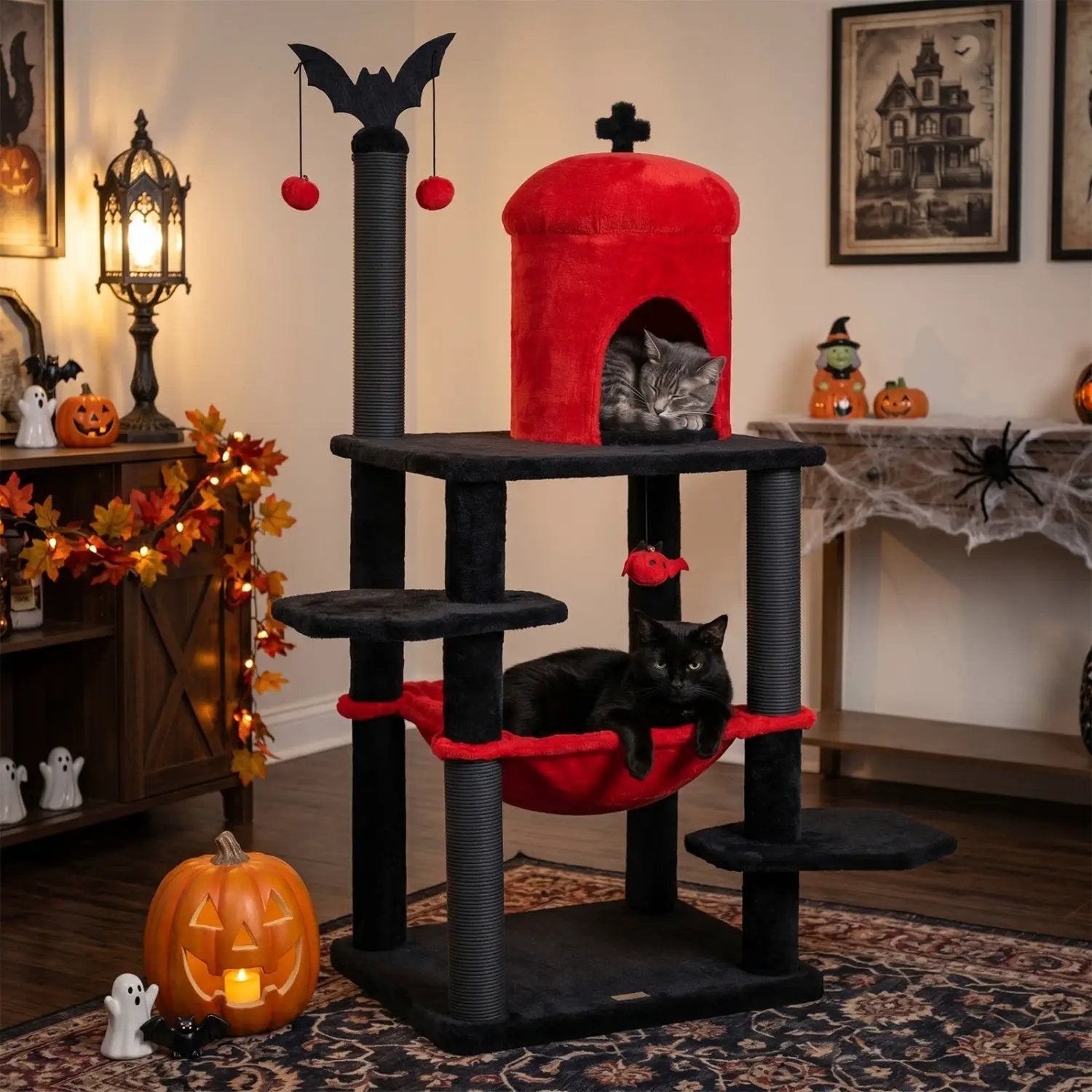 Cat Tree 51-inch Gothic Multi-Level by DirectDeals with black posts and red hammock, spider toy included.