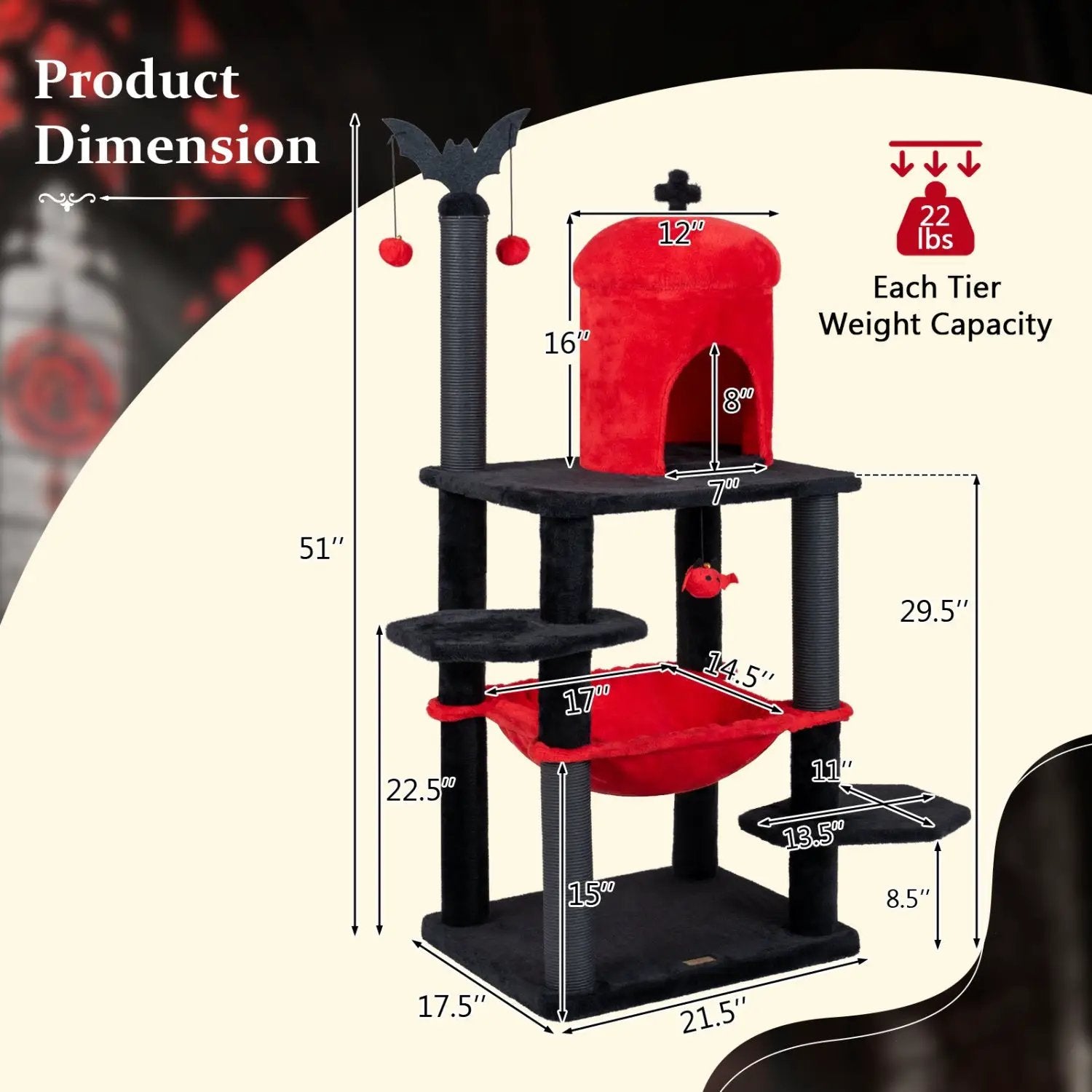 DirectDeals 51-inch Gothic multi-level cat tree with spider toy and red hammock