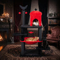 Load image into Gallery viewer, 51-inch Gothic Multi-Level Cat Tree with Spider Toy & Hammock in red and black; cats lounging on platforms.
