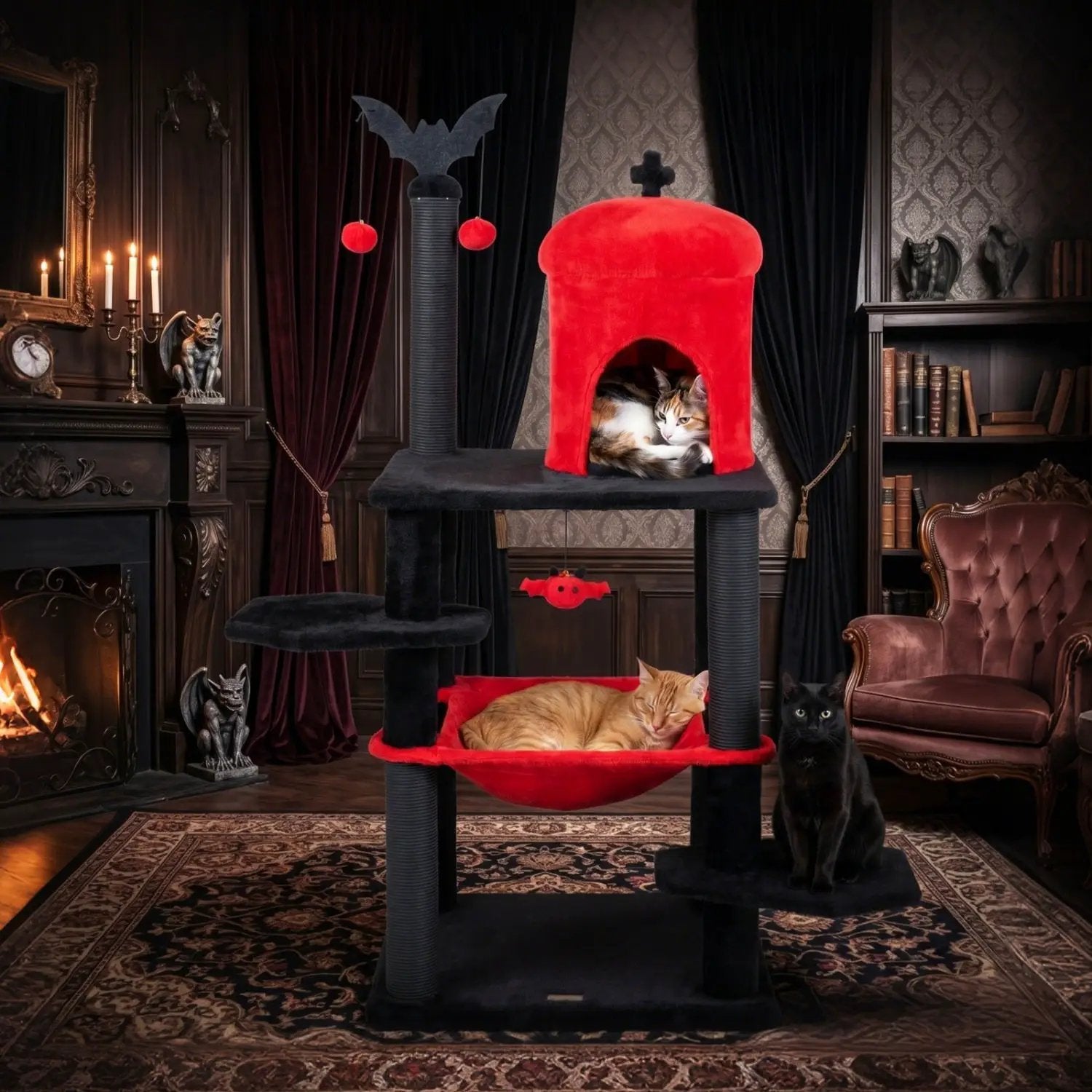51-inch Gothic Multi-Level Cat Tree with Spider Toy & Hammock in red and black; cats lounging on platforms.