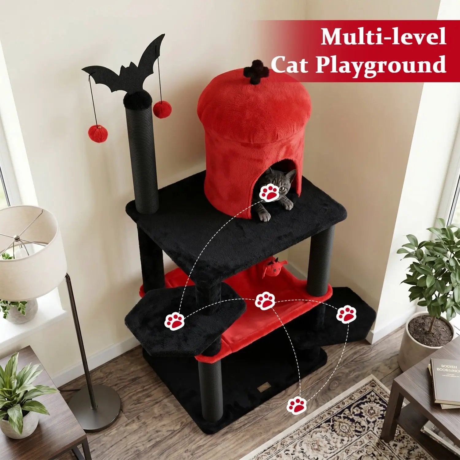 Cat Tree 51in Gothic Multi-Level by DirectDeals with red tunnel, hammock, and spider toy