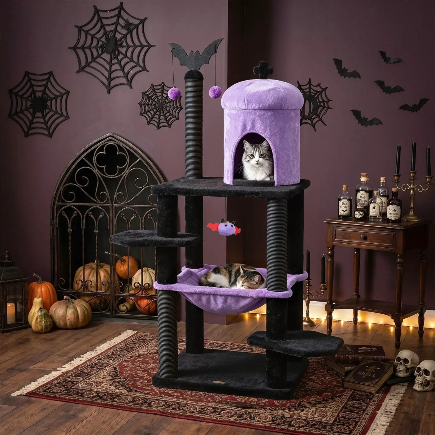 51-inch Gothic Multi-Level Cat Tree by DirectDeals, purple velvet with hammock and spider toy