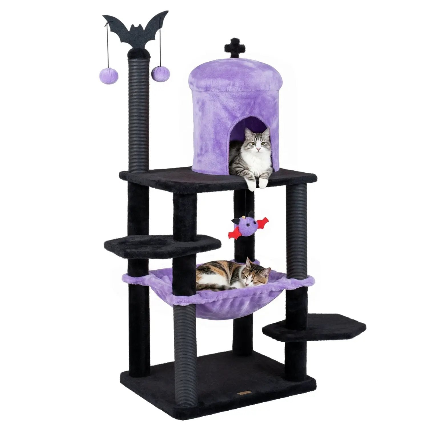 DirectDeals 51in Gothic Multi-Level Cat Tree with purple hammock and tent, black posts, two cats