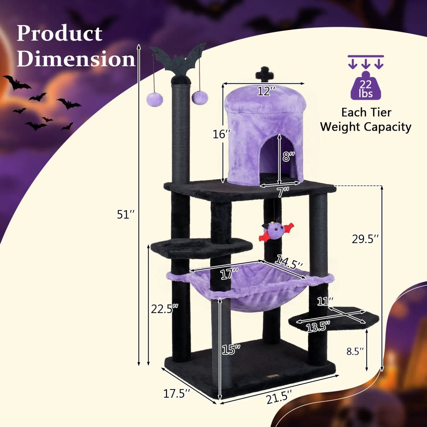 Cat Tree by DirectDeals, 51-inch Gothic multi-level with spider toy and purple hammock
