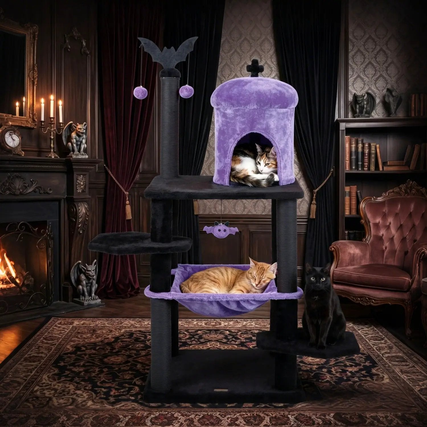 51-inch Gothic Multi-Level Cat Tree by DirectDeals, purple with spider toy and hammock