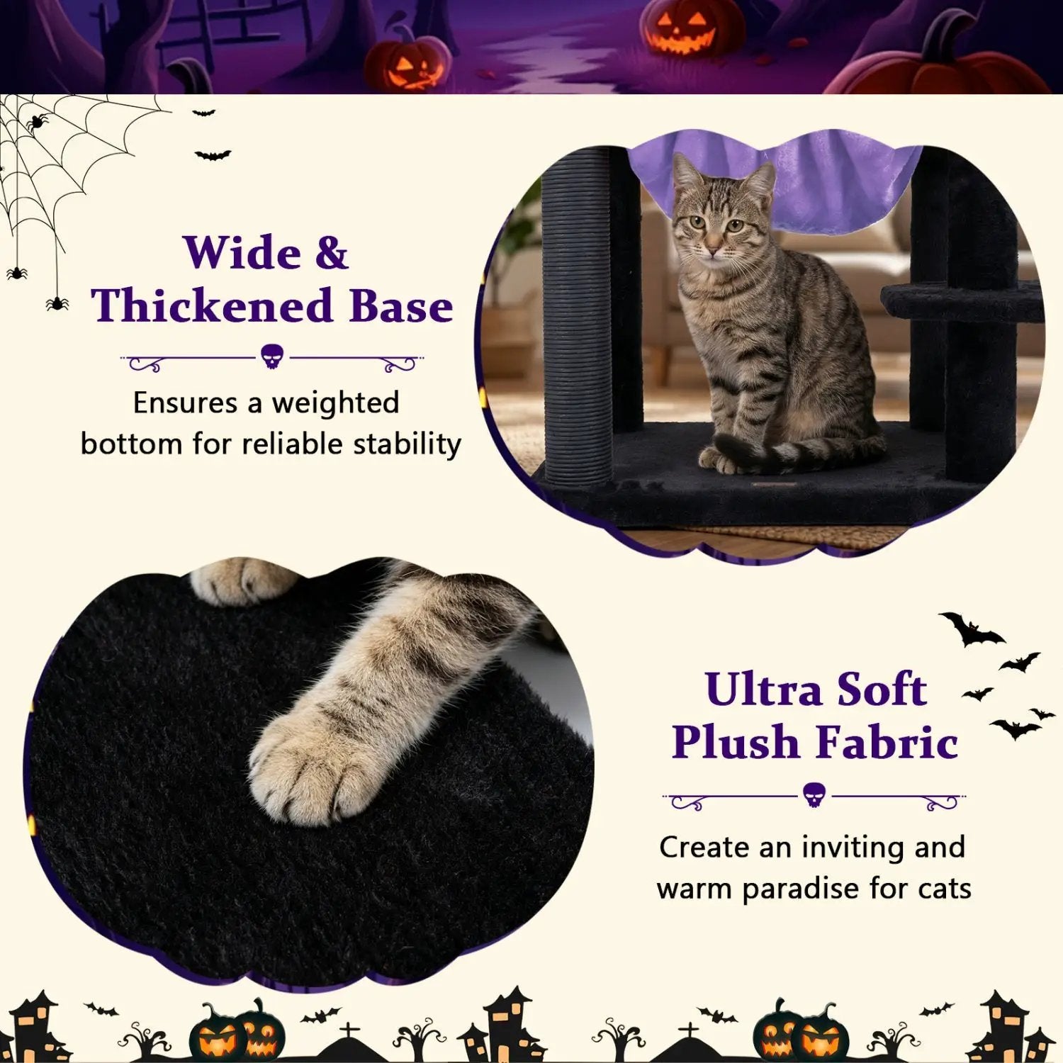51-inch Gothic Multi-Level Cat Tree with Spider Toy & Hammock by DirectDeals, black plush fabric