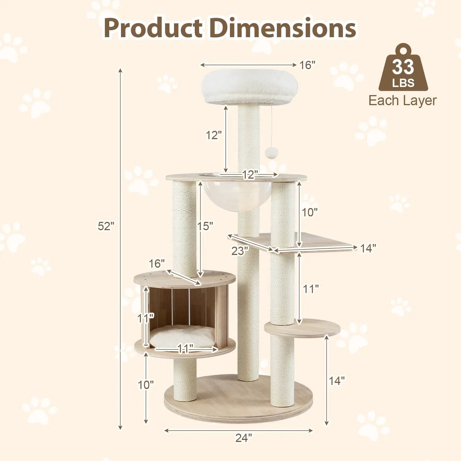 Wooden cat tree with washable plush cushions, 52-inch height, sisal-wrapped posts, level climbing platforms