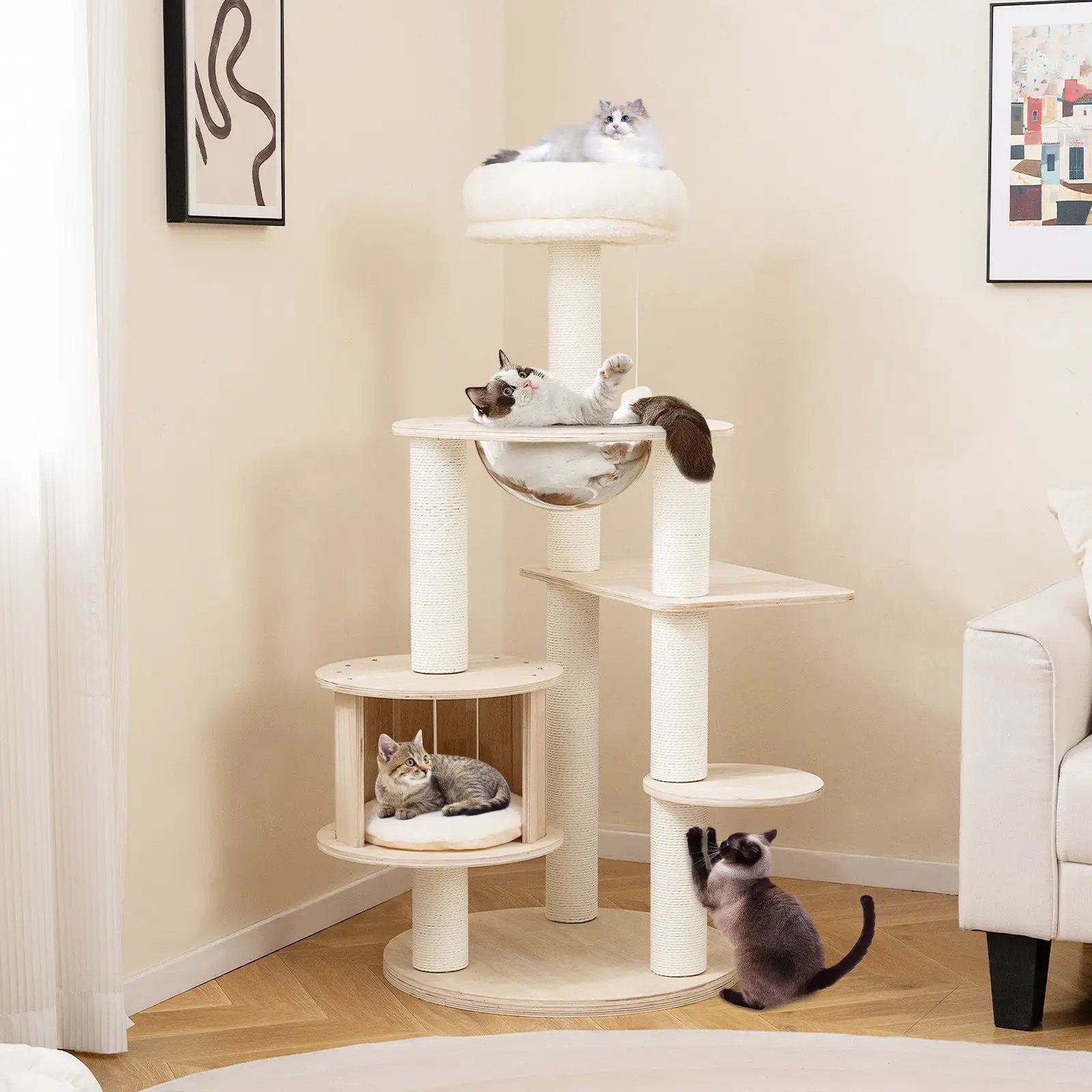 DirectDeals wooden cat tree, 52 inches tall with washable plush cushions and multi-level climbing, four cats