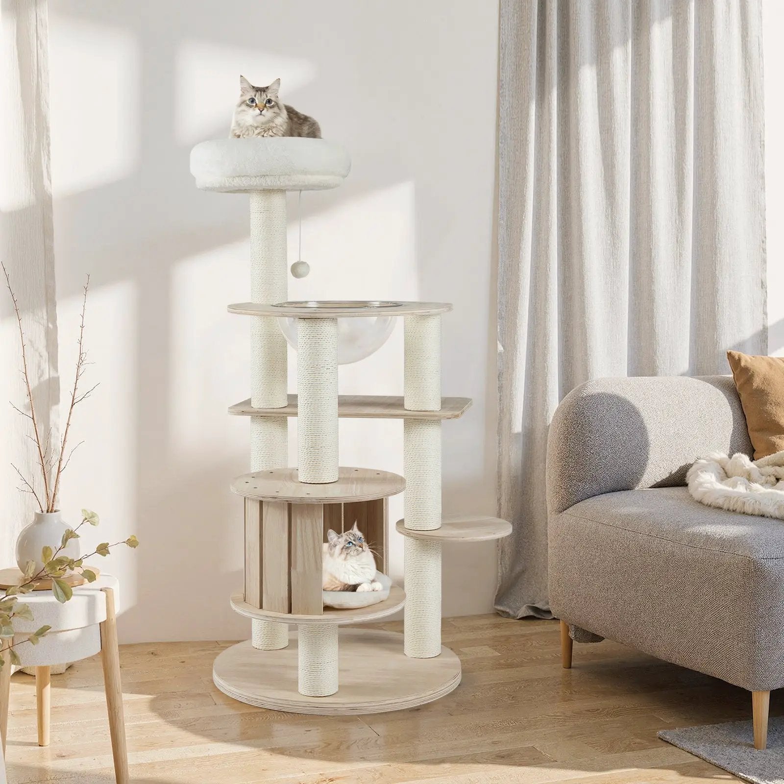 52-Inch tall wooden cat tree by DirectDeals with washable plush cushions and multi-level climbing platforms