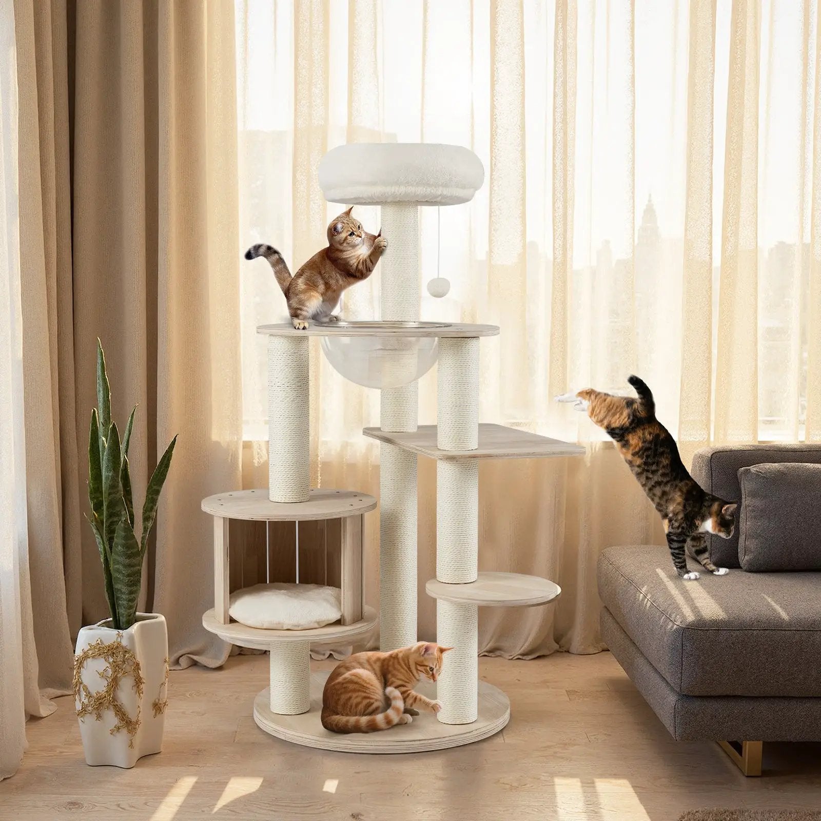 52-Inch wooden cat tree with washable cream plush cushions and multi-level climbing stand
