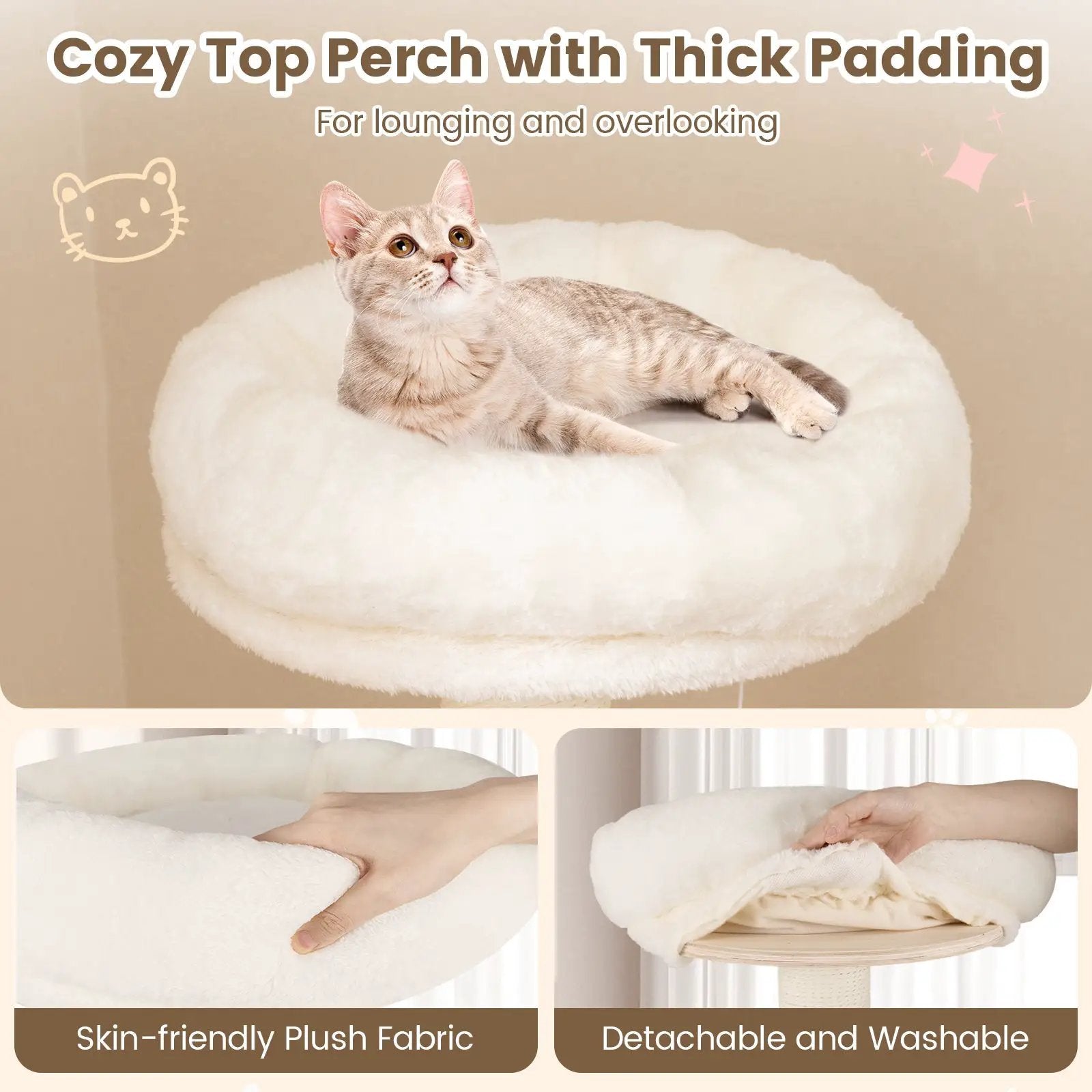DirectDeals cat tree, 52-inch tall wooden multi-level climbing stand with washable plush cushions