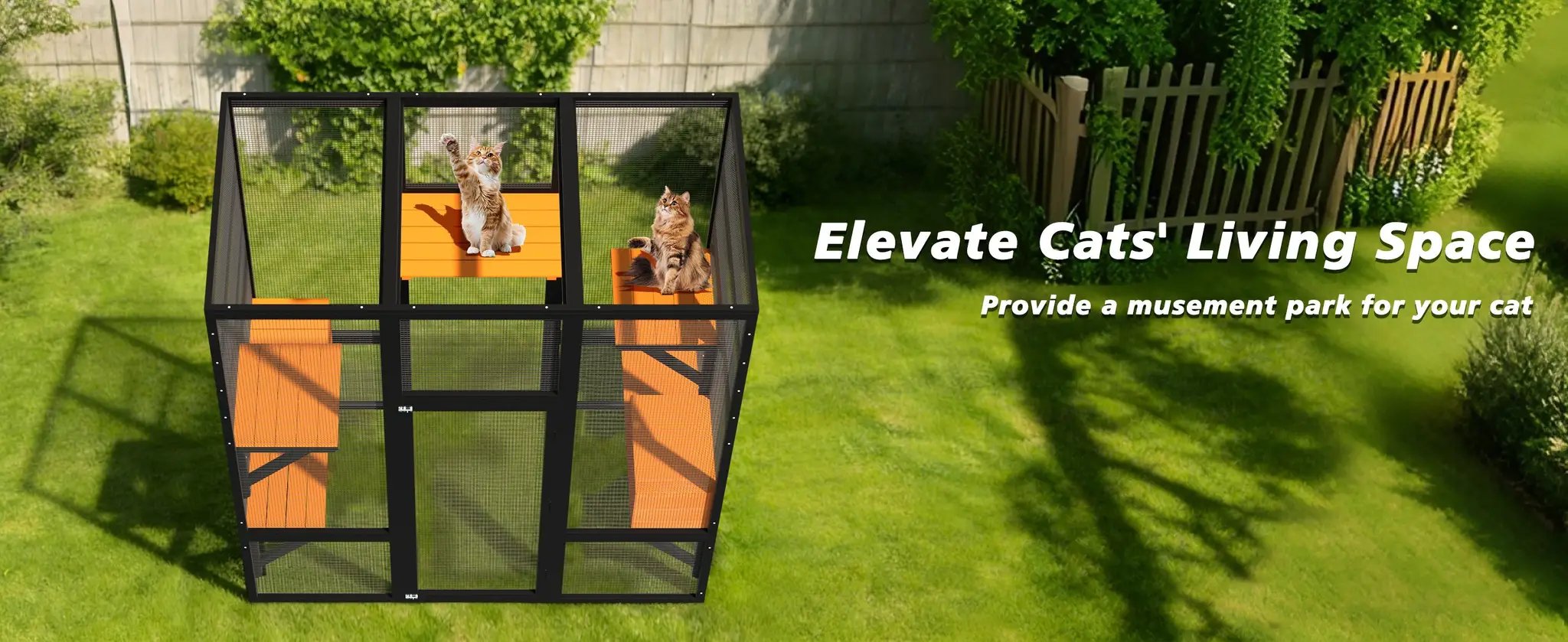 Premium Solid Wood Pet Enclosure, black frame with orange decks and mesh panels, cat-friendly multi-level pens for outdoors