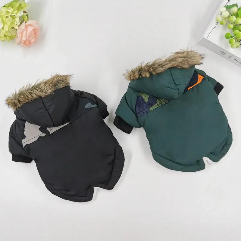 Dog Clothes Winter Thickened Warmth Cotton Pet Dogs Coat Jacket in black and green with fur hoods, warm and stylish.