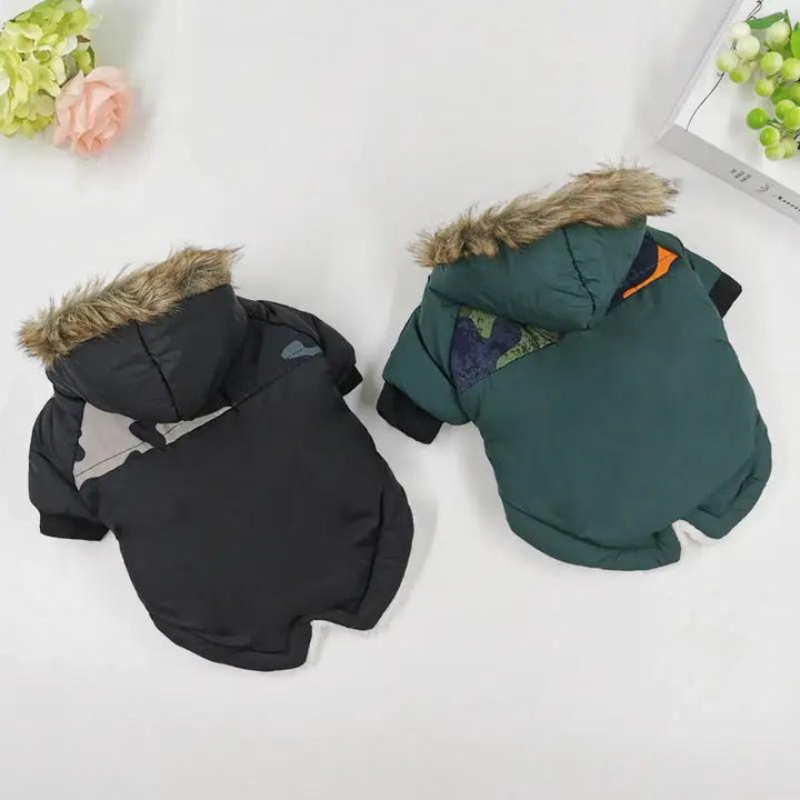 Dog Clothes Winter Thickened Warmth Cotton Pet Dogs Coat Jacket in black and green with fur hoods, warm and stylish.