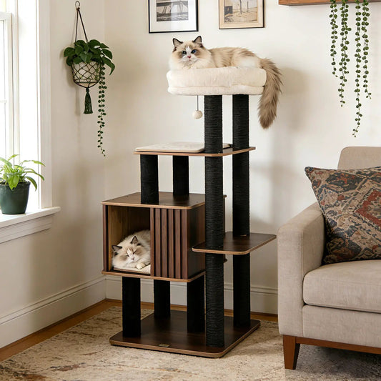 53.5 inch tall cat tree with beige padded top perch, black rope-wrapped posts, brown platforms; two cats.