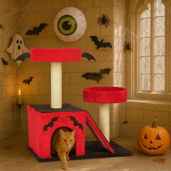 Cat tree by Pear Daisy; Gothic Halloween two-tier cat climbing frame with red fabric and beige sisal posts.