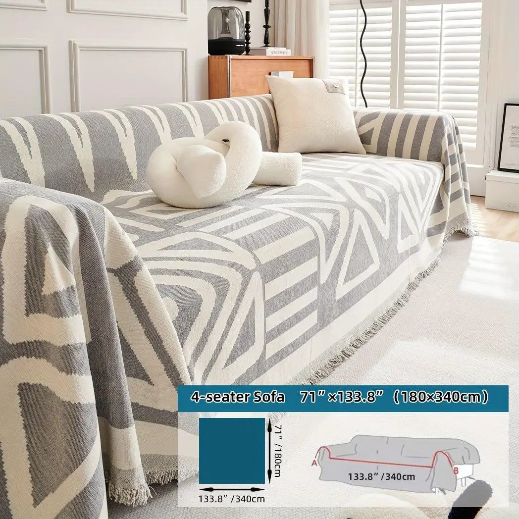 topspet Bohemian chenille couch cover for 4-seat sofa, gray and white geometric pattern, anti-dog-scratch