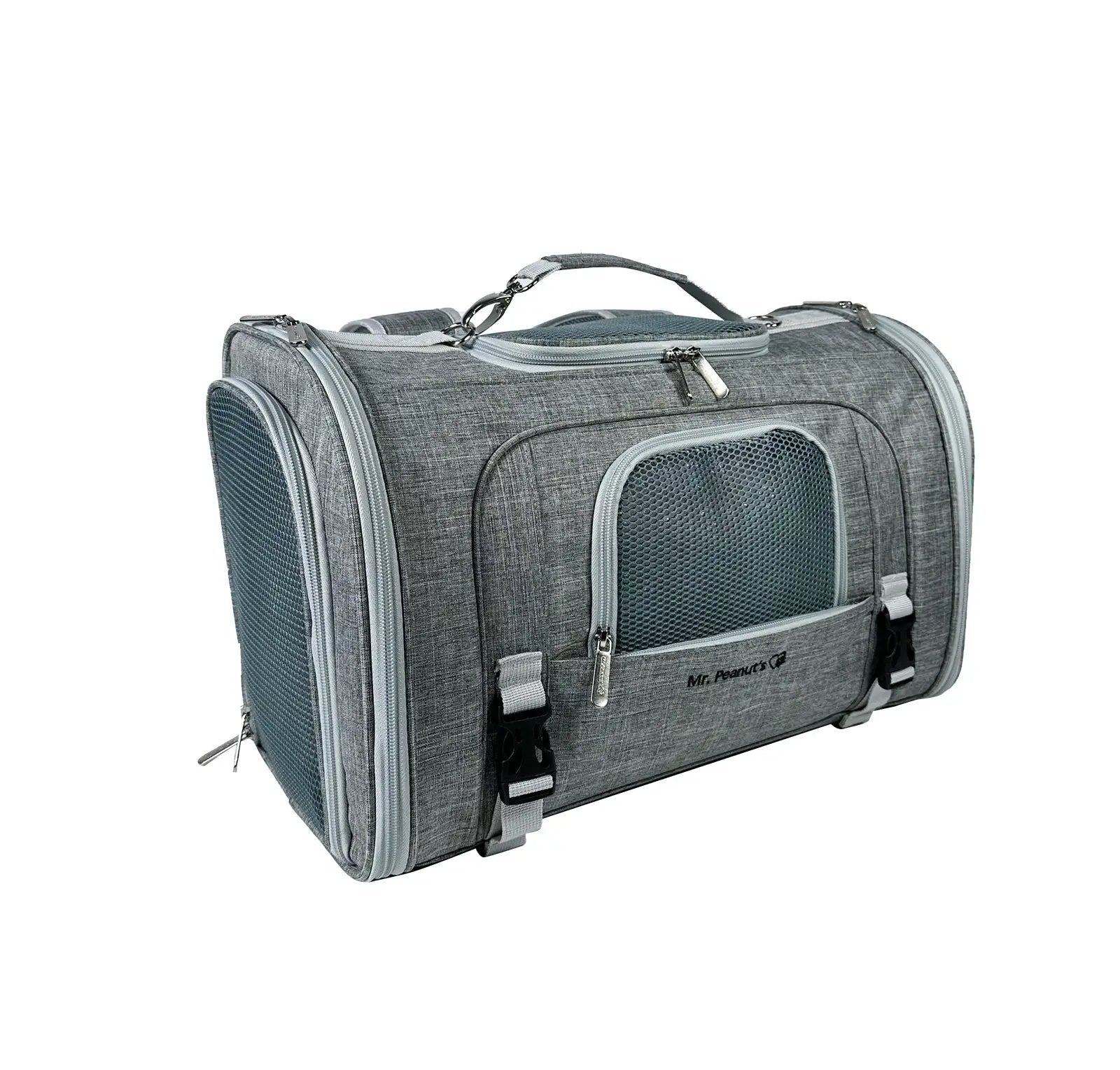 Mr. Peanut's Monterey Series airline-compliant horizontal backpack pet carrier; gray fabric with mesh panels.