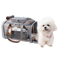 Load image into Gallery viewer, Mr. Peanut's Gold Series Mini Expandable V3.0 Pet Carrier, gray fabric with brown trim, beside a small white poodle
