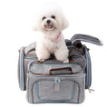Load image into Gallery viewer, Mr. Peanut's Gold Series Mini Expandable V3.0 Pet Carrier, gray mesh with blue trim, small dog on top
