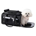 Load image into Gallery viewer, Mr. Peanut's Gold Series Mini Expandable V3.0 Pet Carrier, black with mesh panels and expandable side, small white dog inside
