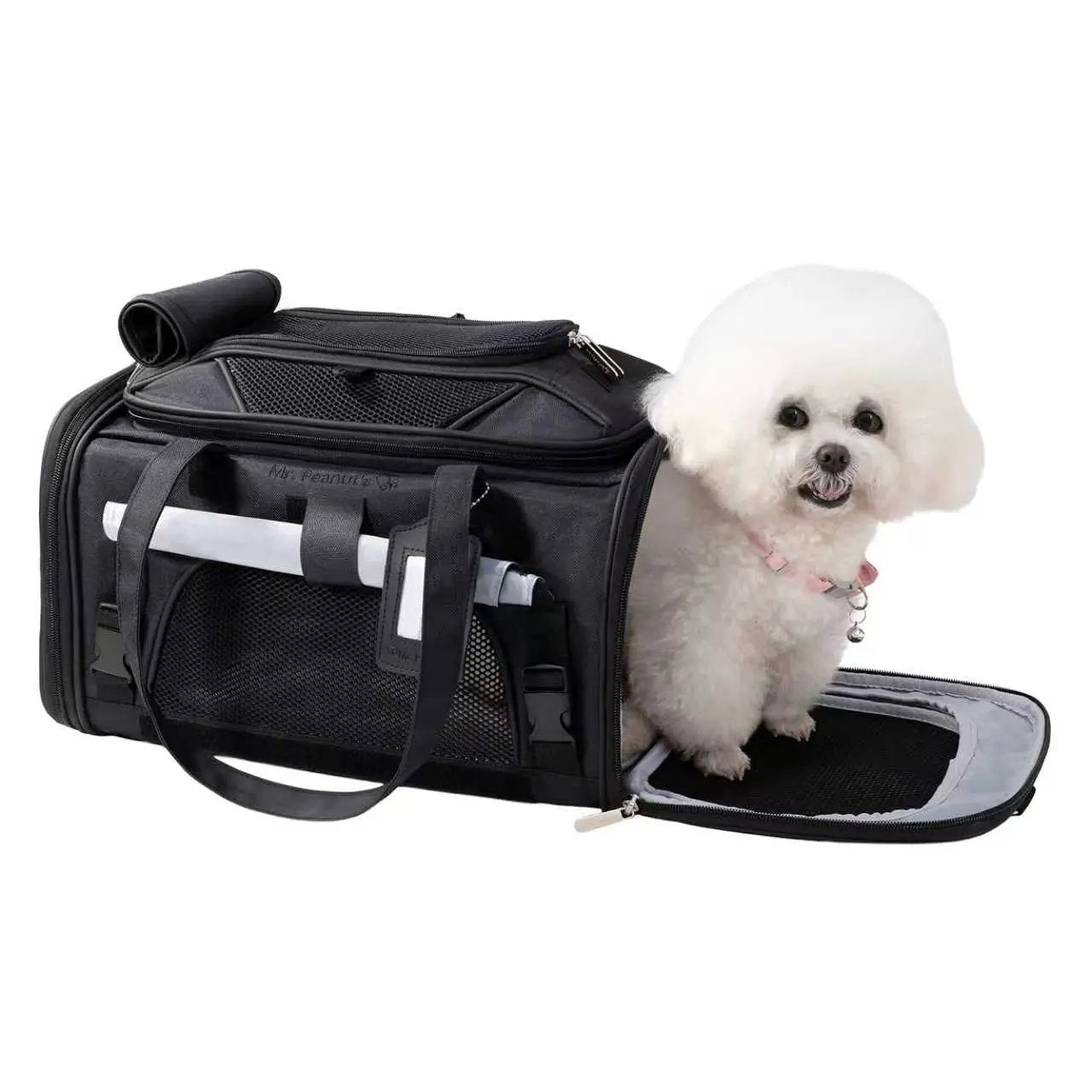 Mr. Peanut's Gold Series Mini Expandable V3.0 Pet Carrier, black with mesh panels and expandable side, small white dog inside