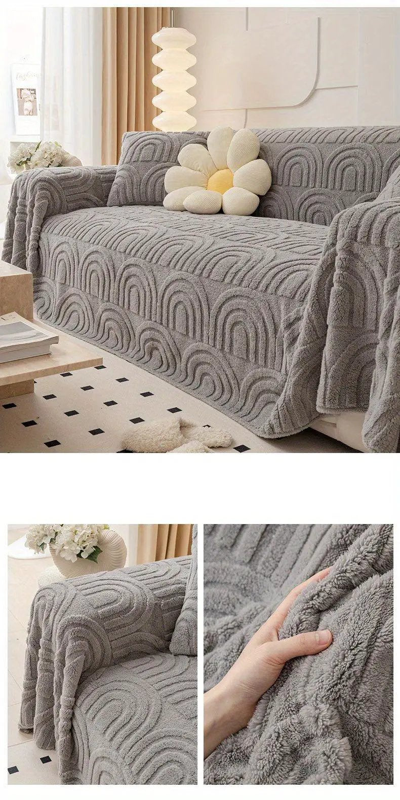 topspet Luxurious Four Seasons Jacquard slipcover for sofa, gray waterproof couch cover with arched pattern