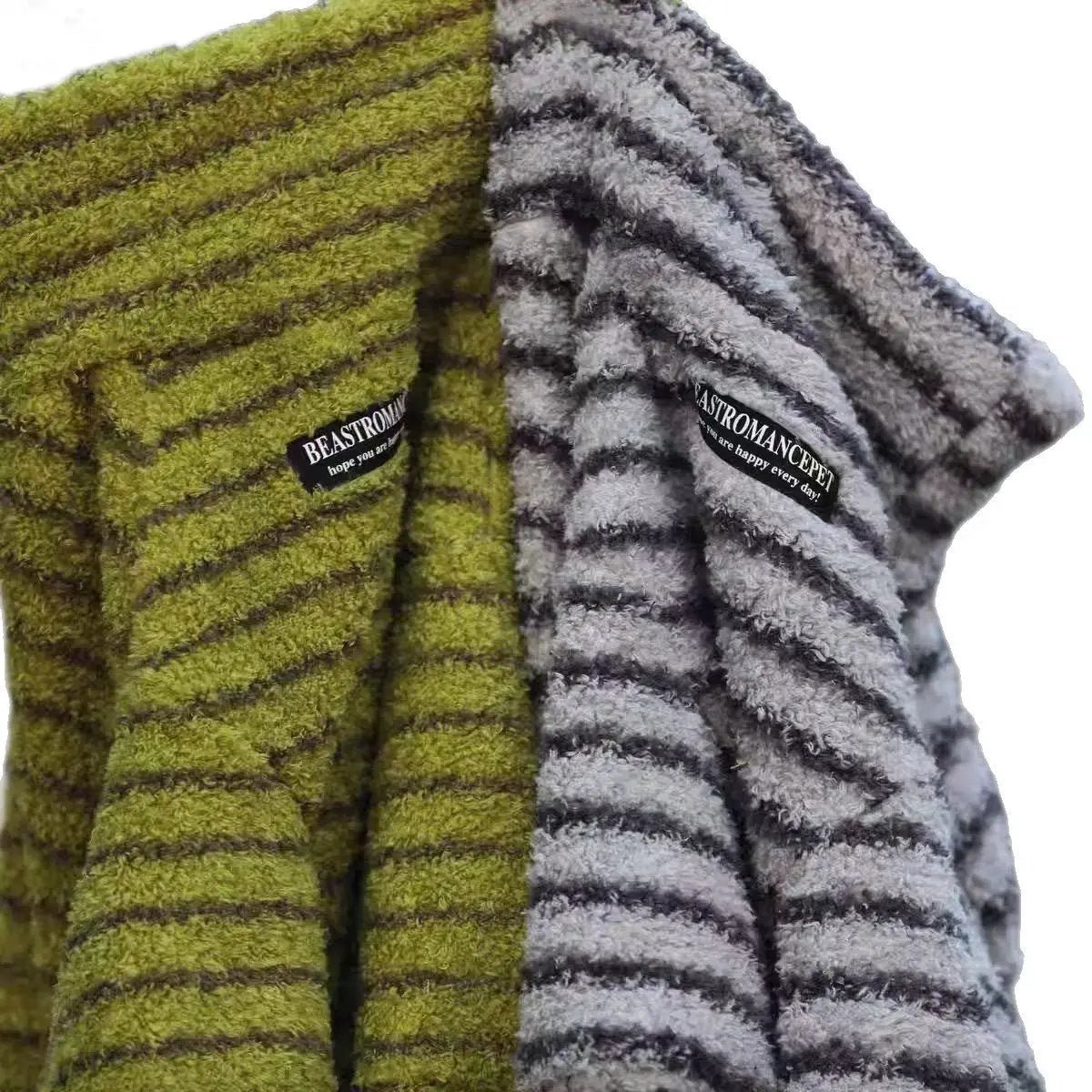Soft and Warm Stripe Dog Sweater, SOCKPET, gray and olive striped, plush knit, 2 sweaters