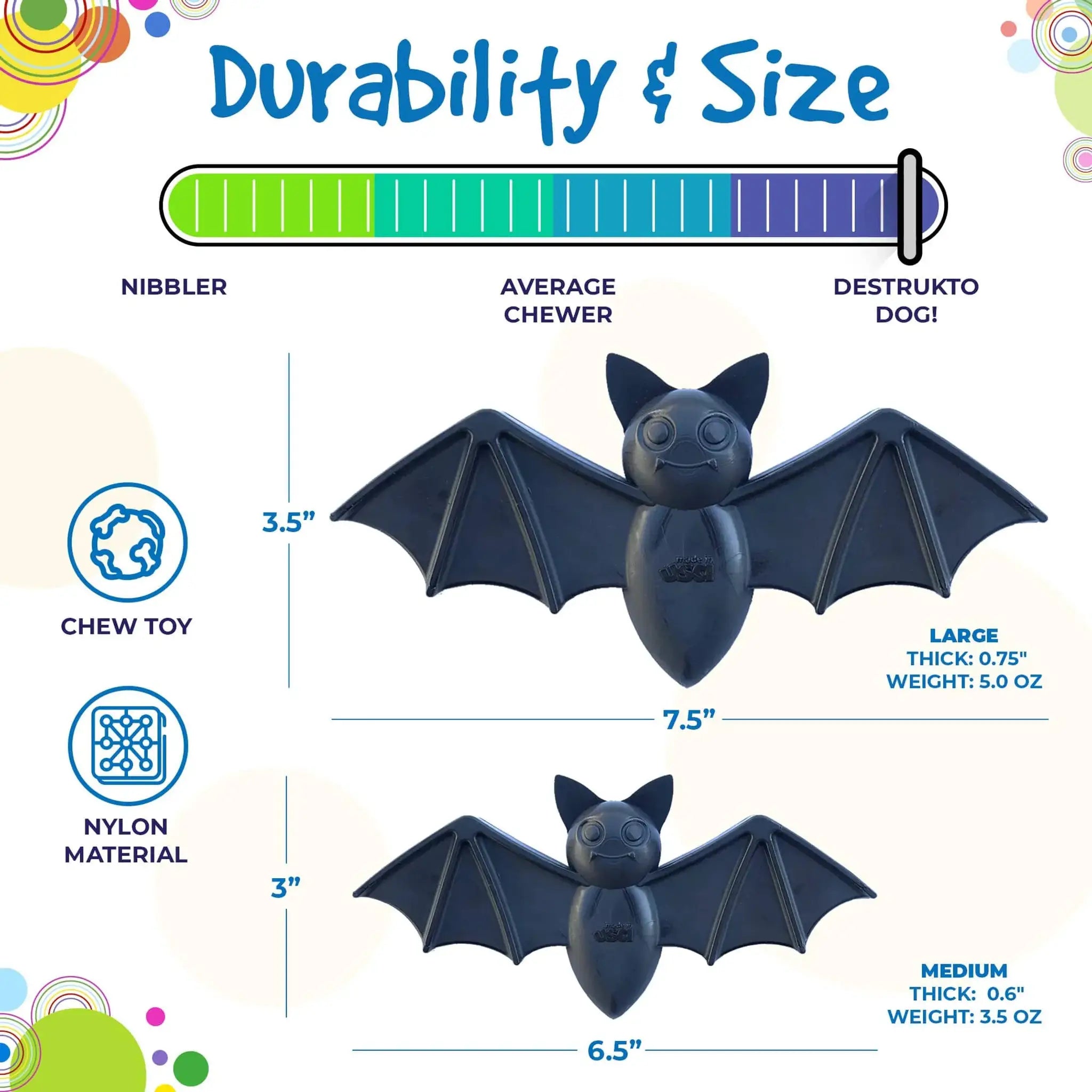 Vampire Bat nylon dog chew toy by SodaPup, black bat-shaped durable chew for aggressive chewers.