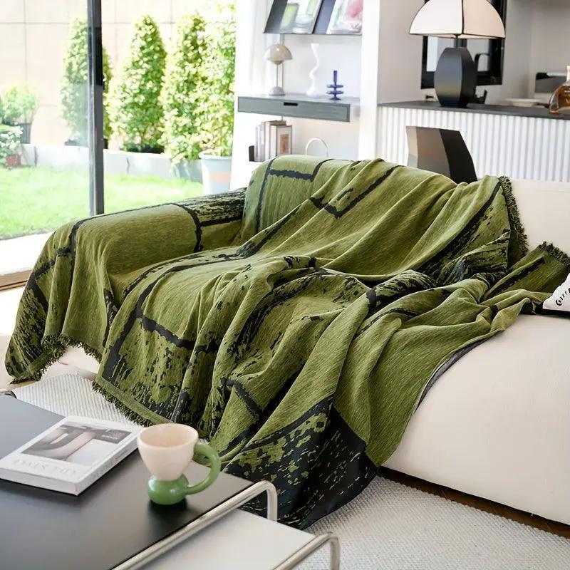 Luxury Pet Cover for Leather Sofa, green fringed throw blanket draped over white leather sofa