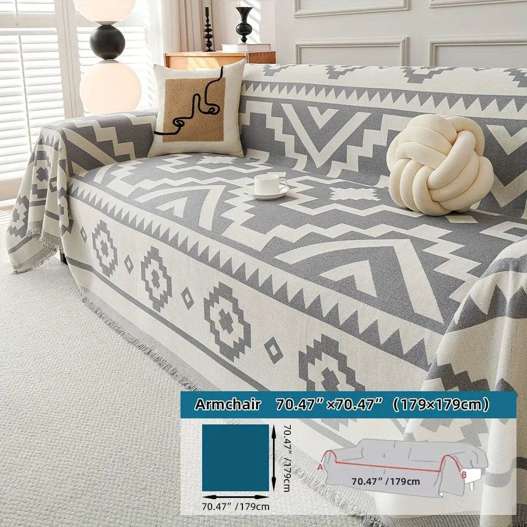 Boho-Chic All-Season Sofa Cover in light gray geometric pattern for sofa or chair, pet-proof.
